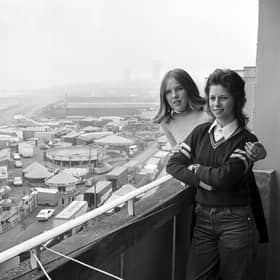 View of the Links market and funfair at Kirkcaldy, Fife, in April 1974. High-rise flats residents Jacqueline and Eileen enjoy the market for free.