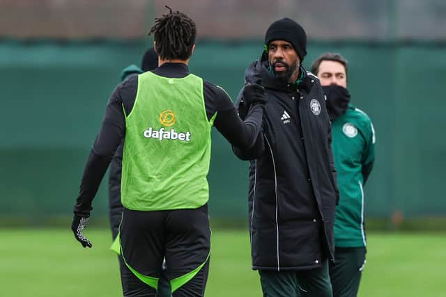 Celtic manager Wilfried Nancy shakes hands with defender Jahmai Simpson-Pusey during a Celtic training session at Lennoxtown on Thursday. (Photo by Craig Williamson / SNS Group)