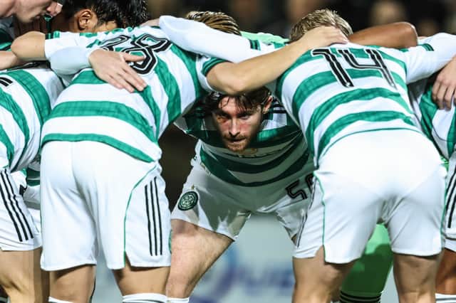Anthony Ralston in the Celtic huddle ahead of the 2-1 defeat by Dundee United at Tannadice. (Photo by Ross MacDonald / SNS Group)