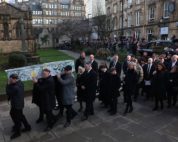 The funeral of Gary 'Mani' Mounfield at Manchester Cathedral on December 22.