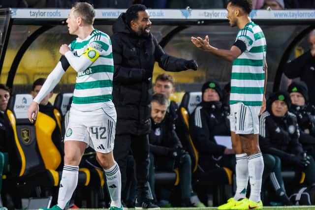 Frustrations rise between Celtic manager Wilfried Nancy and Auston Trusty on the touchline during the clash against Livingston