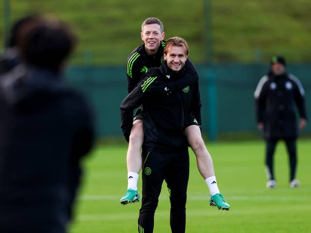 Callum McGregor and Benjamin Nygren during a Celtic training session at Lennoxtown Training Centre, on December 29, 2025, in Glasgow, Scotland. (Photo by Craig Williamson / SNS Group)