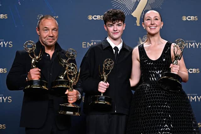 From left, actors Stephen Graham, Owen Cooper and Erin Doherty, stars of the Emmy award-winning Netflix drama Adolescence