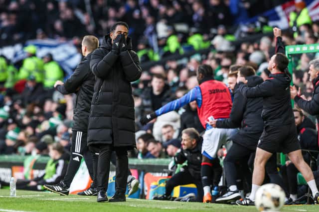 Celtic manager Wilfried Nancy looks aghast as Rangers storm back.