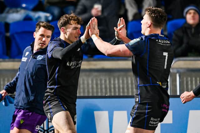 Jamie Dobie celebrates scoring a try during Glasgow Warriors' win over Zebre.