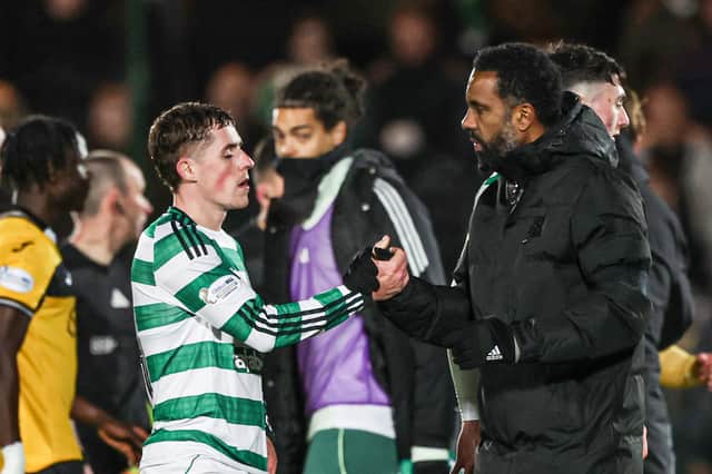 Celtic manager Wilfried Nancy shakes hands with Luke McCowan after the 4-2 win at Livingston on December 27. (Photo by Craig Williamson / SNS Group)