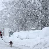 A dogwalker in heavy snow in Lumsden, Aberdeenshire, on Tuesday