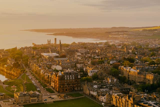 An aerial view of St Andrews Old Course and town