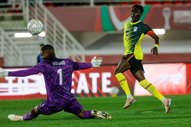 Hearts target Rogers Mato scores for Uganda against Nigeria during the African Cup of Nations. (Photo by Abdel Majid BZIOUAT / AFP via Getty Images)