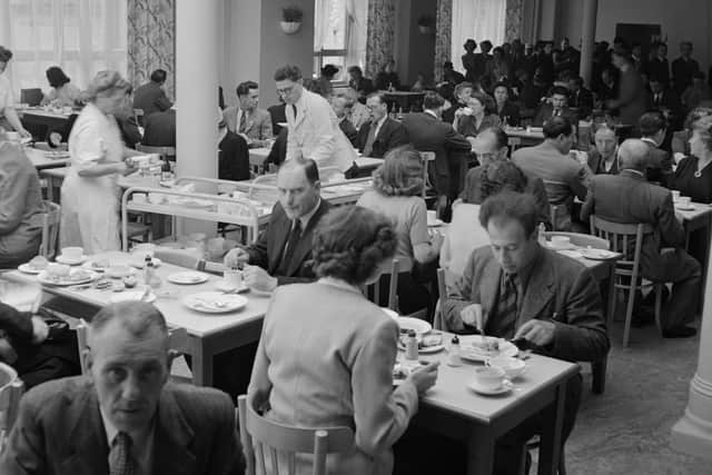 A local authority diner in the West End of London in 1949. It opened during the Second World War to provide London with emergency feeding facilities and  the Civic Restaurants Act (1947) empowered local authorities to continue providing the service during peacetime as long as they were not run at a loss, resulting in the LCC running 114 restaurants across London. Around 100 were run north of the border.(Photo by George Konig/Keystone Features/Hulton Archive/Getty Images)
