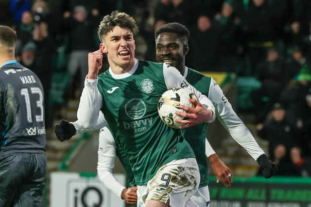 Kieron Bowie celebrates after scoring Hibs' equaliser in the 1-1 draw with Motherwell at Easter Road. (Photo by Ross Parker / SNS Group)