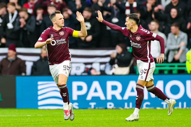 Hearts winger Alexandros Kyziridis (right) celebrates after supplying an assist for Lawrence Shankland. (Photo by Roddy Scott / SNS Group)
