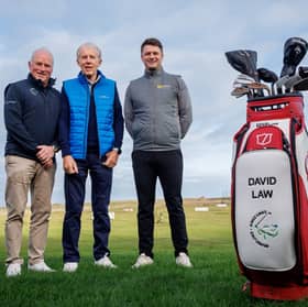David Law pictured with Paul Girvan, the director of golf at Kings Links Golf Centre, and Craig Group chairman Douglas Craig