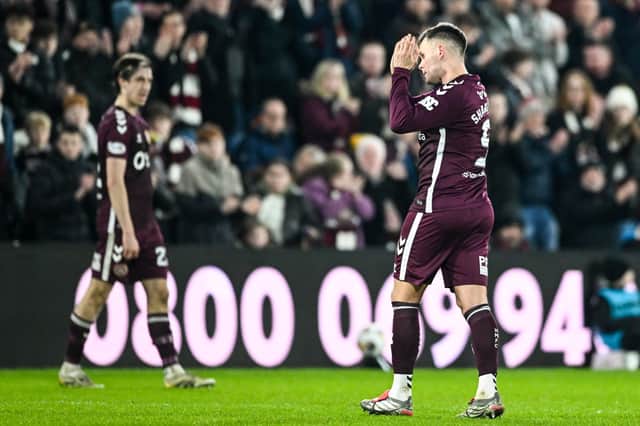 Lawrence Shankland comes off injured during Hearts' defeat by Falkirk.