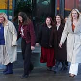 A group of nurses leave after a press conference at the Crowne Plaza Hotel, Newcastle, after an employment tribunal ruled they suffered harassment which violated their dignity and created "a hostile, intimidating, humiliating and degrading environment for them"