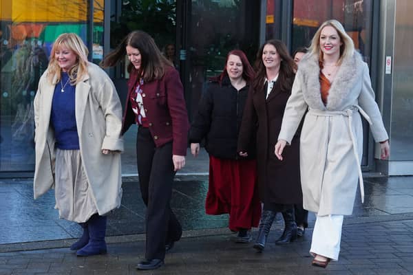 A group of nurses leave after a press conference at the Crowne Plaza Hotel, Newcastle, after an employment tribunal ruled they suffered harassment which violated their dignity and created "a hostile, intimidating, humiliating and degrading environment for them"