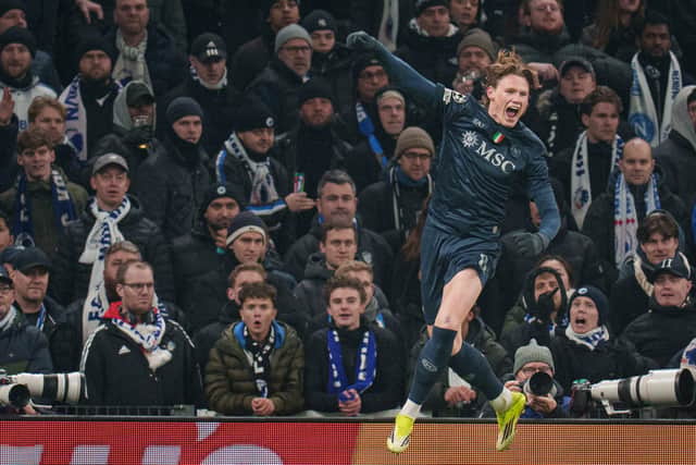 Scott McTominay celebrates after scoring the opening goal for Napoli in the 1-1 draw with FC Copenhagen in Denmark in the Champions League.