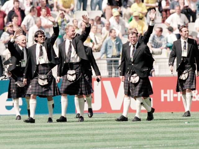 Scotland players and officials parade in their kilts prior to kick off at the opening match of the 1998 World Cup against Brazil in Paris, France. (From left) Hugh Allan , Darren Jackson , Jonathan Gould, Tom Boyd , Stewart Hillis and Craig Burley