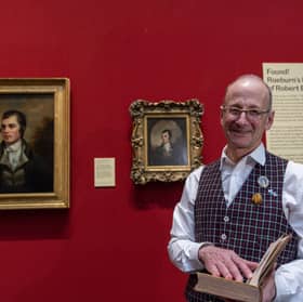 Dr William (Bill) Zachs, Director of Blackie House Library and Museum in Edinburgh, photographed with re-discovered portrait of Robert Burns by Henry Raeburn (left) and portrait of Robert Burns by Alexander Nasmyth, 1787 (right). Photo Credit Nick Mailer