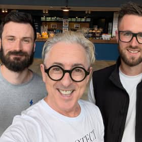 Jack Law, Alan Cumming and Conall Law with some of the Wasted Degrees beers that have been made for the Pitlochry Festival Theatre.