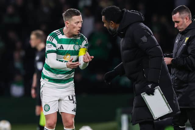Callum McGregor and Celtic manager Wilfried Nancy in discussion during the 3-1 win over Aberdeen. (Photo by Craig Williamson / SNS Group)
