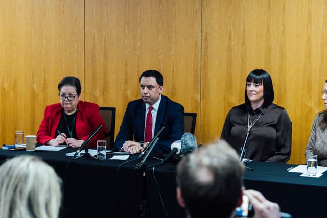 Jackie Baillie, Anas Sarwar, Kimberly Darroch and Maureen Dynes, speaking at a press conference in Edinburgh