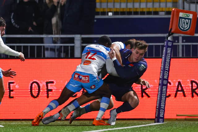 Edinburgh's Duhan van der Merwe scores his side's first try during a BKT United Rugby Championship match between Edinburgh and Vodacom Bulls at Hive Stadium, on January 23, 2026, in Edinburgh, Scotland. (Photo by Ewan Bootman / SNS Group)