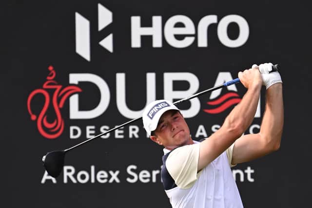 Viktor Hovland, the 2022 winner, in action during day three of the Hero Dubai Desert Classic
