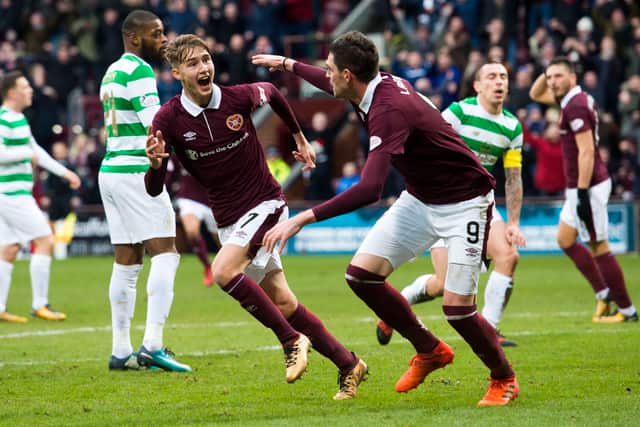 Hearts' Harry Cochrane (left) celebrates his goal against Celtic in December 2017 with Kyle Lafferty.