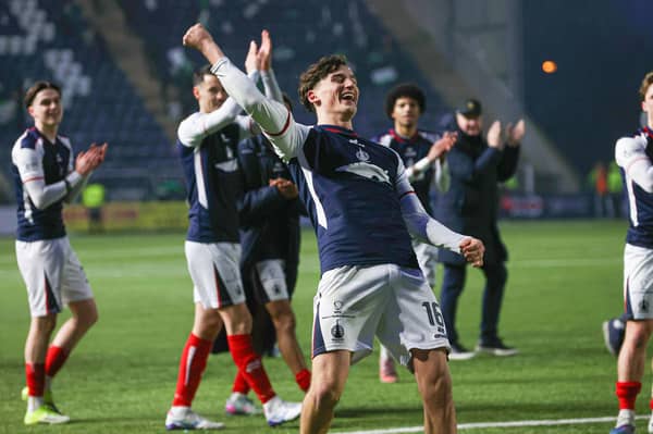 Falkirk's Barney Stewart celebrates at full time after scoring a hat-trick in the 4-1 win over Hibs. (Photo by Alan Harvey / SNS Group)