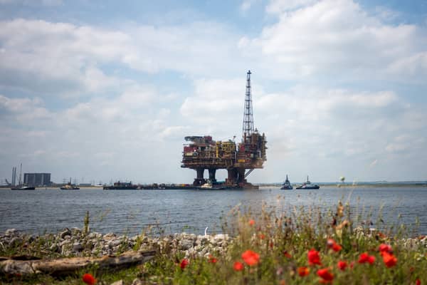 An oil rig is toward into the mouth of the River Tees ahead of dismantling (Picture: Ian Forsyth)