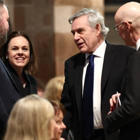 Kate Forbes and Gordon Brown, pictured  during the public memorial service for Alex Salmond in 2024