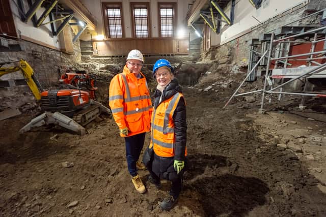 Carol Nimmo, chair of the Royal High School Preservation Trust, was joined by David Cairns, managing director at Robertson Group to mark the start of the contract.