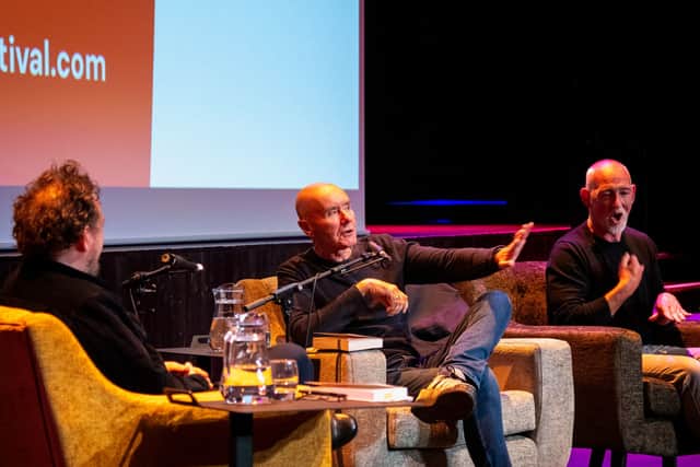 Irvine Welsh, centre, in conversation with Ewan Morrison, left, at Paisley Book Festival last year. Picture: Iona Shepherd / OneRen
