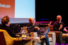 Irvine Welsh, centre, in conversation with Ewan Morrison, left, at Paisley Book Festival last year. Picture: Iona Shepherd / OneRen