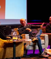 Irvine Welsh, centre, in conversation with Ewan Morrison, left, at Paisley Book Festival last year. Picture: Iona Shepherd / OneRen