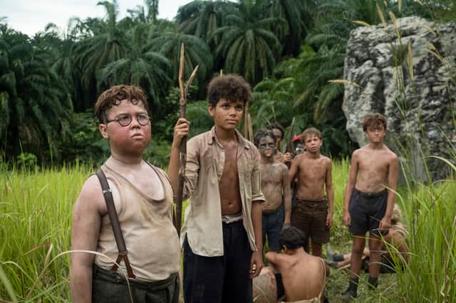 From left David McKenna as Piggy, Winston Sawyers as Ralph and supporting artists including Ike Talbut as Simon in the BBC Lord of the Flies first look.