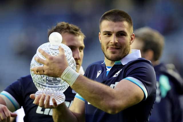 Josh Bayliss with the Hopetoun Cup after Scotland beat Australia at Murrayfield in 2024.