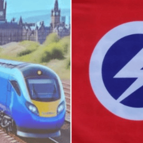 The ScotRail logo and the logo of the British Union of Fascists
