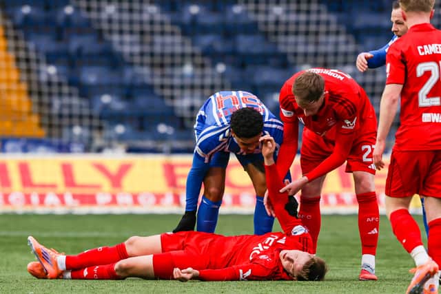 Aberdeen's Mats Knoester suffered a serious head injury in the defeat by Kilmarnock on Saturday. (Photo by Craig Williamson / SNS Group)
