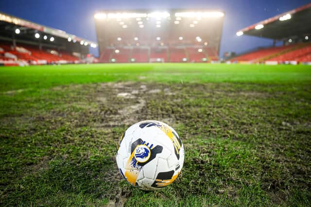 The goalmouth at the Merkland End at Pittodrie is pictured as a the Premiership match between Aberdeen and Celtic is postponed due to a waterlogged pitch.  (Photo by Ross Parker / SNS Group)