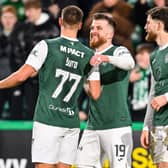 Hibernian's Ante Suto (left) celebrates scoring to make it 3-2 over Dundee United with teammates Nicky Cadden (C) and Jack Iredale. (Photo by Rob Casey / SNS Group)