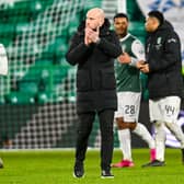 Hibernian head coach David Gray applauds fans at full time after the 3-2 win over Dundee United. (Photo by Rob Casey / SNS Group)