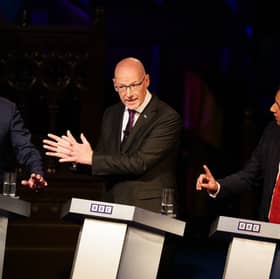 Debate Night presenter Stephen Jardine with SNP leader John Swinney and Scottish Labour leader Anas Sarwar during a special edition of the programme ahead of the 2024 election (Picture: Jane Barlow)