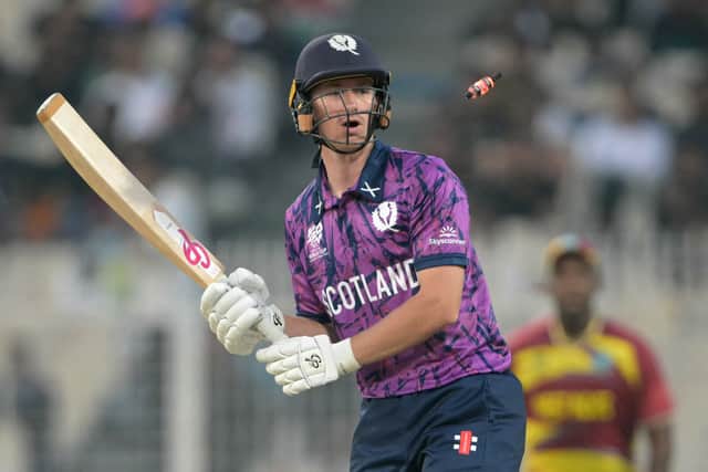Scotland's Brandon McMullen is clean bowled during the 2026 ICC Men's T20 Cricket World Cup group stage defeat to West Indies at the Eden Gardens in Kolkata on February 7, 2026. (Photo by Dibyangshu SARKAR / AFP via Getty Images)