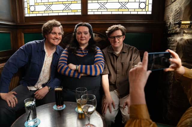 Ashley Storrie with Lorn Macdonald and Hyoie O'Grady in the new season of comedy Dinosaur, set in Glasgow.