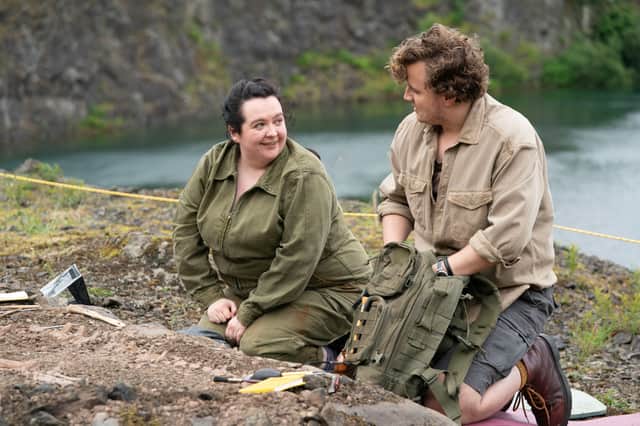 Nina and Clayton, Ashley Storrie and Hyoie O'Grady on a dig in the Isle of Wight in Season Two of Dinosaur.
