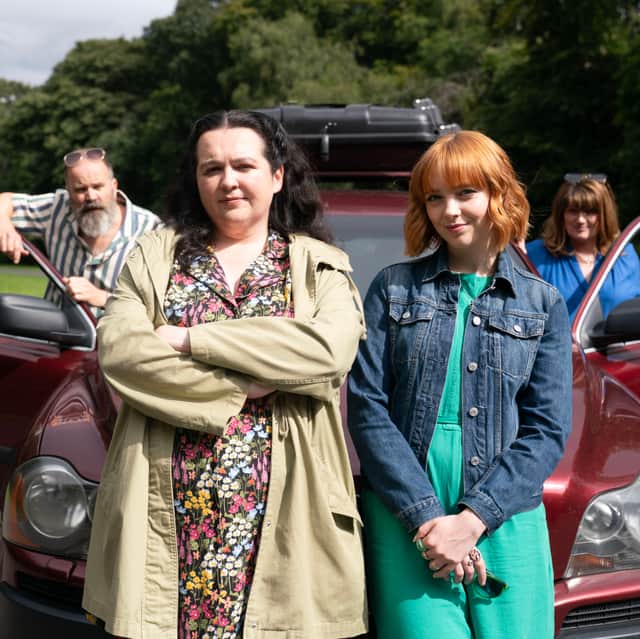Nina and family. Left to right. Greg Hemphill as her dad, Ade, Ashley Storrie, Kat Ronney as Evie, Nina's sister and Sally Howitt as her mum, Diane.