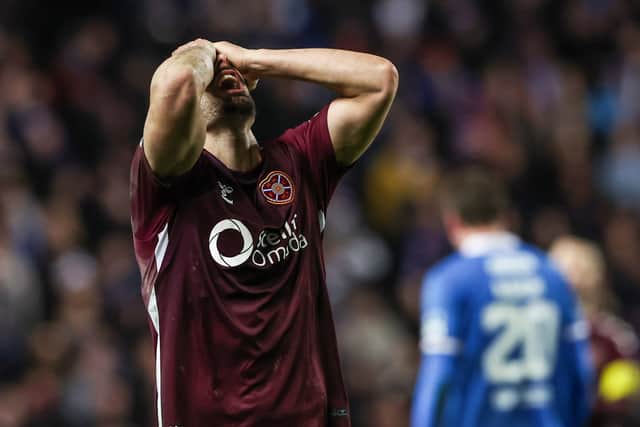 Hearts' Claudio Braga looks dejected during the 4-2 defeat by Rangers at Ibrox. (Photo by Craig Williamson / SNS Group)
