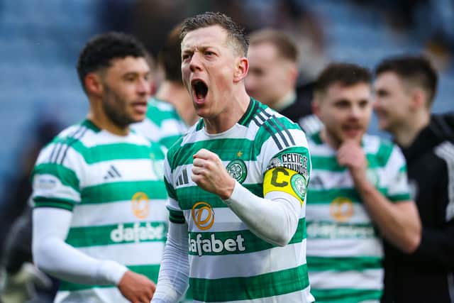 Callum McGregor roars in approval after Celtic's win at Kilmarnock.